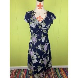 K & Company Blue and Pink Floral V Neck Long Dress 10 Double Layer Short Sleeves